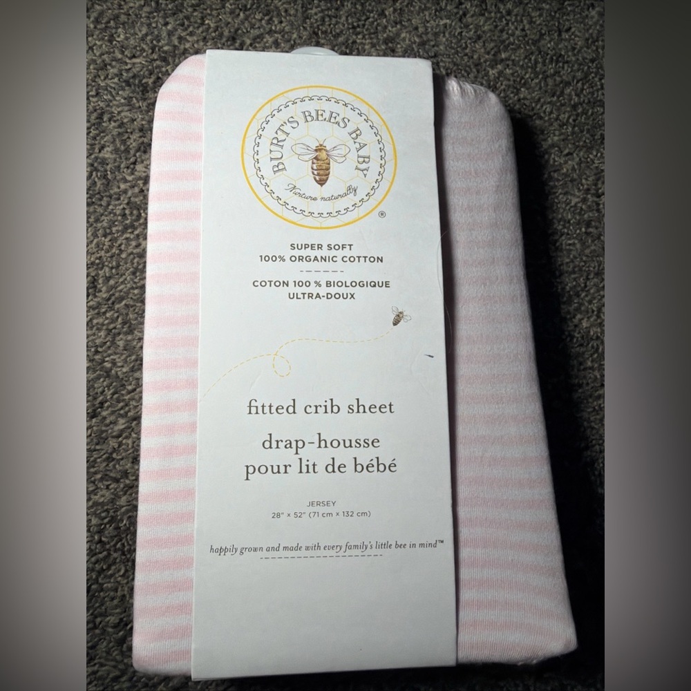 Burt’s Bees Baby Striped Fitted Standard Crib Sheet Organic Cotton Blossom Pink